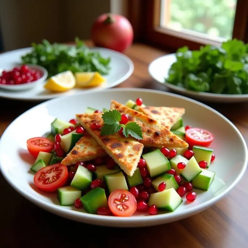 Ensalada Fatoush con Granadas y Sumac: Receta Libanesa Fresca y Sin Lácteos