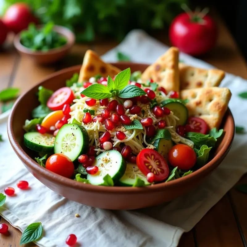 Ensalada Fatoush con Granados y Hierba Buena: Receta Libanesas Fresca y Ligera
