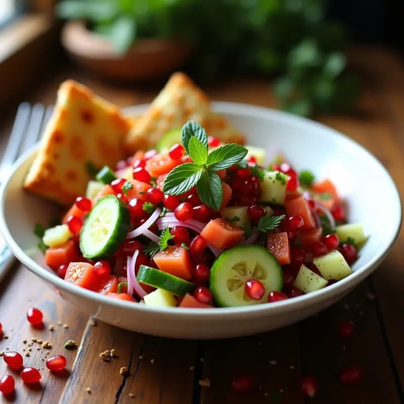 Ensalada Fatoush con Pan Árabe y Granada: Receta Libanesa Fresca y Cruzada