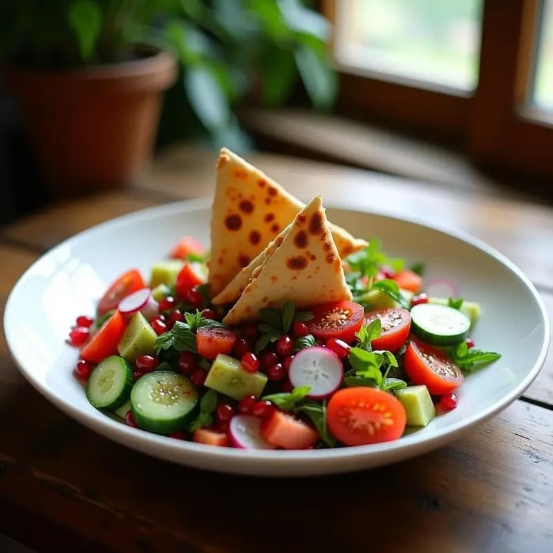 Ensalada Fatoush con Pan Pita Integral: Receta Libanesa Vegana con Granadina y Mentas Frescas
