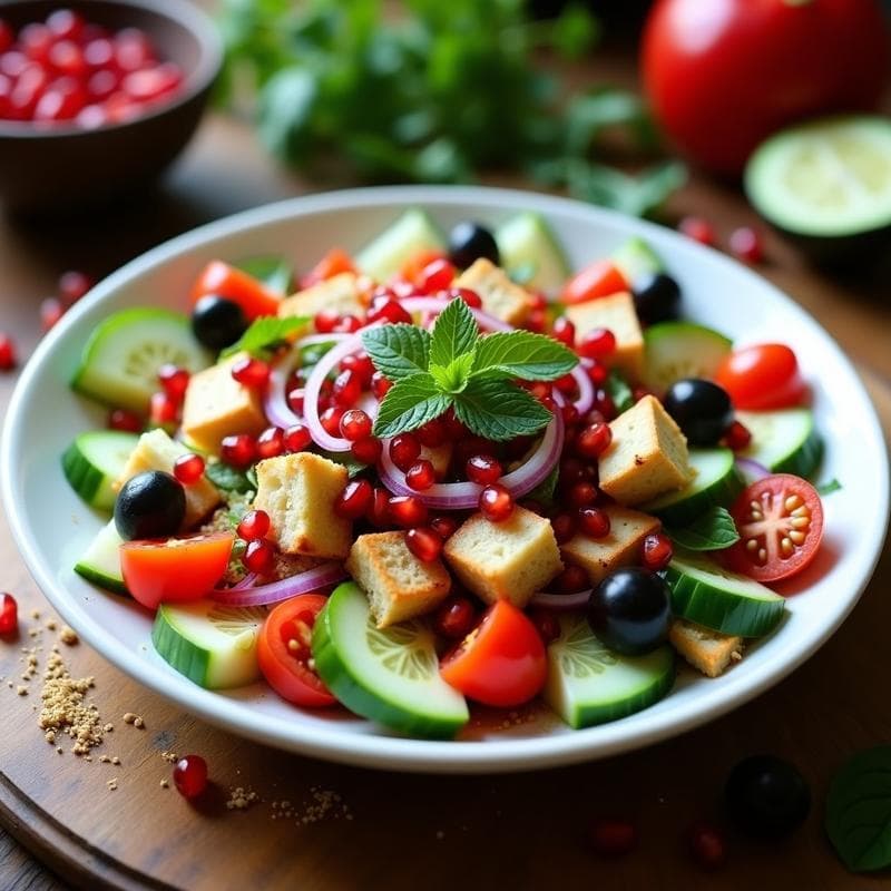 Libanesa Fattoush con Granadas y Vinagreta de Sumac: Ensalada Árabe Vegana Sin Gluten