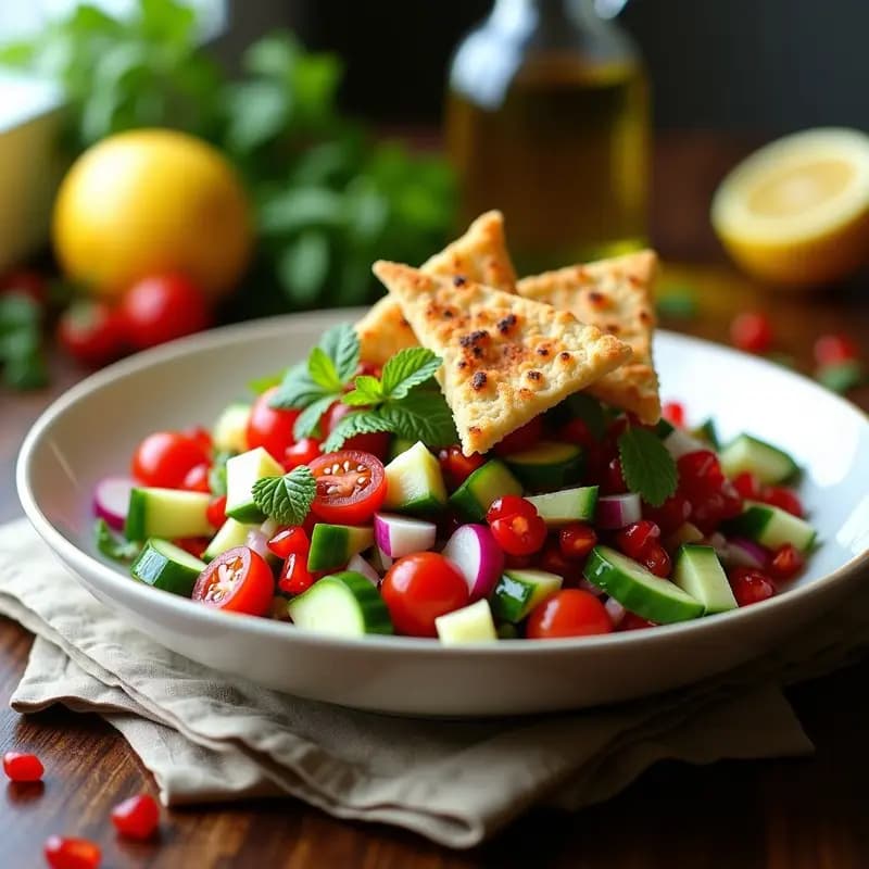 Ensalada Fattoush con Granados y Pan Pita Crujiente: Receta Libanes Vegana y Fresca