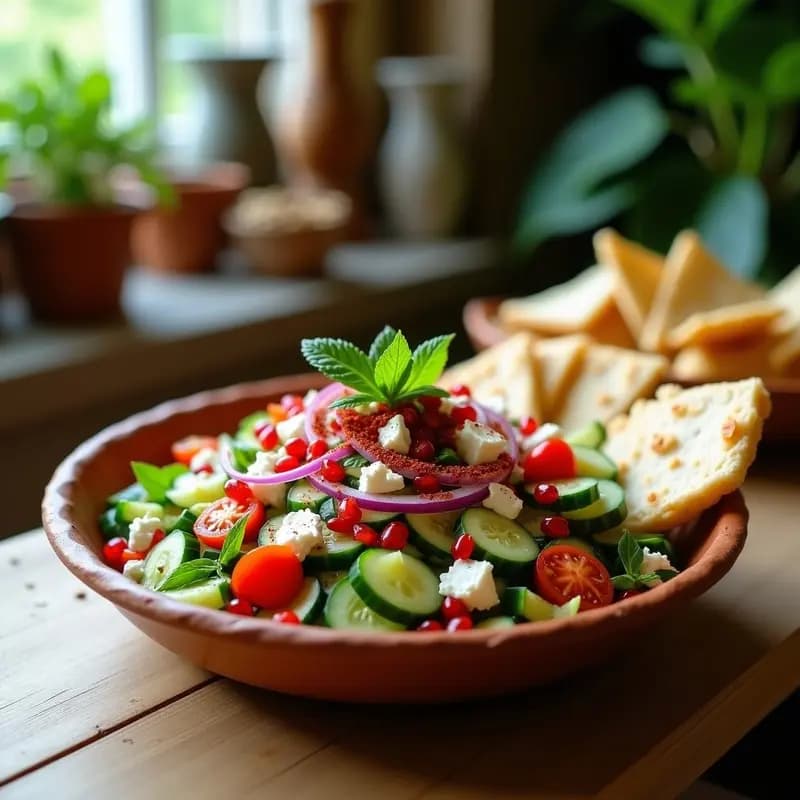Ensalada Fattoush con Granados y Queso Feta: Receta Libanesas Fresca y Crujiente