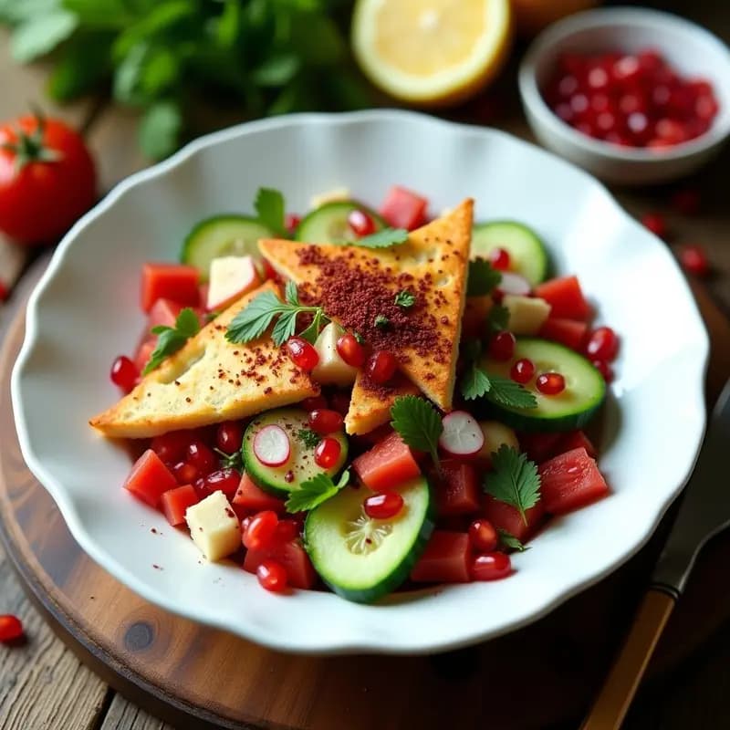 Ensalada de Fattoush con Pan Árabe y Hierbas Libanesas: Receta Vegana y Sin Cocinar