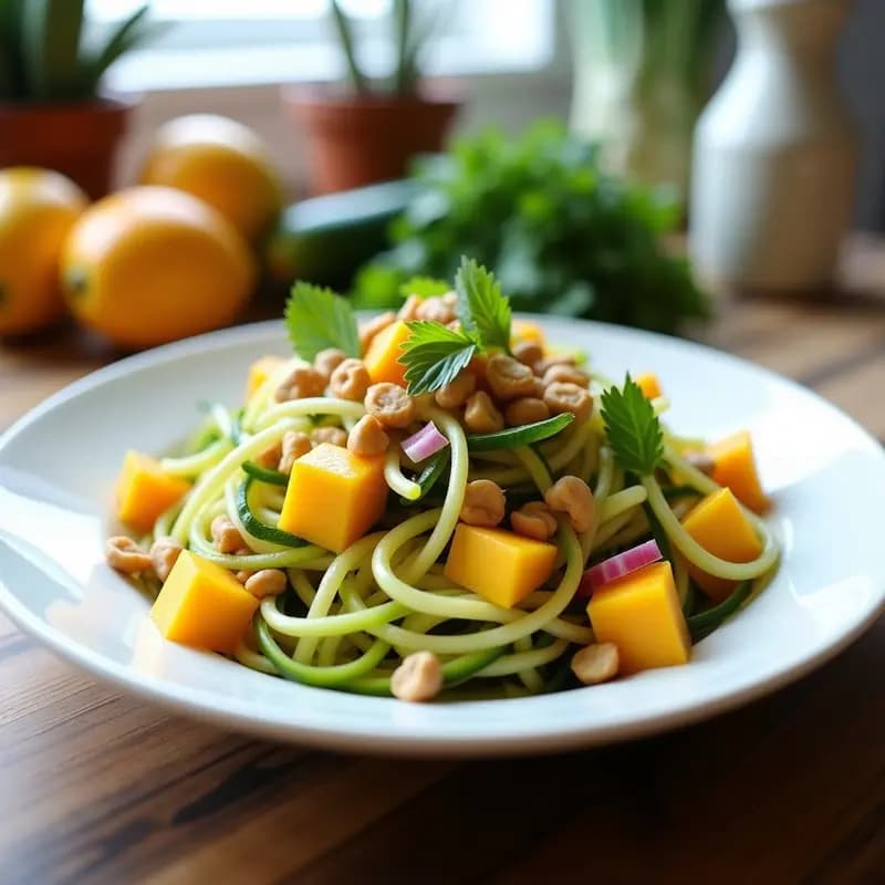 Ensalada de Fideo de Calabacín con Vinagreta de Mango y Chili: Receta Tailandesa Sin Cocción