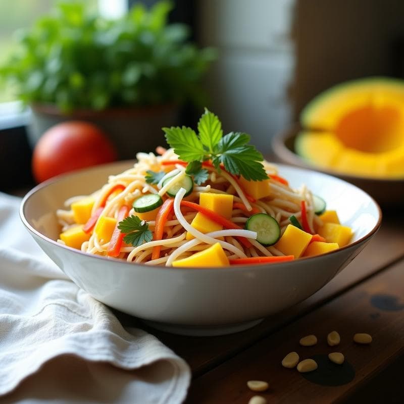 Ensalada de Fideos de Arroz con Mango y Cacahuetes: Receta Tailandesa Fresca en 10 Minutos