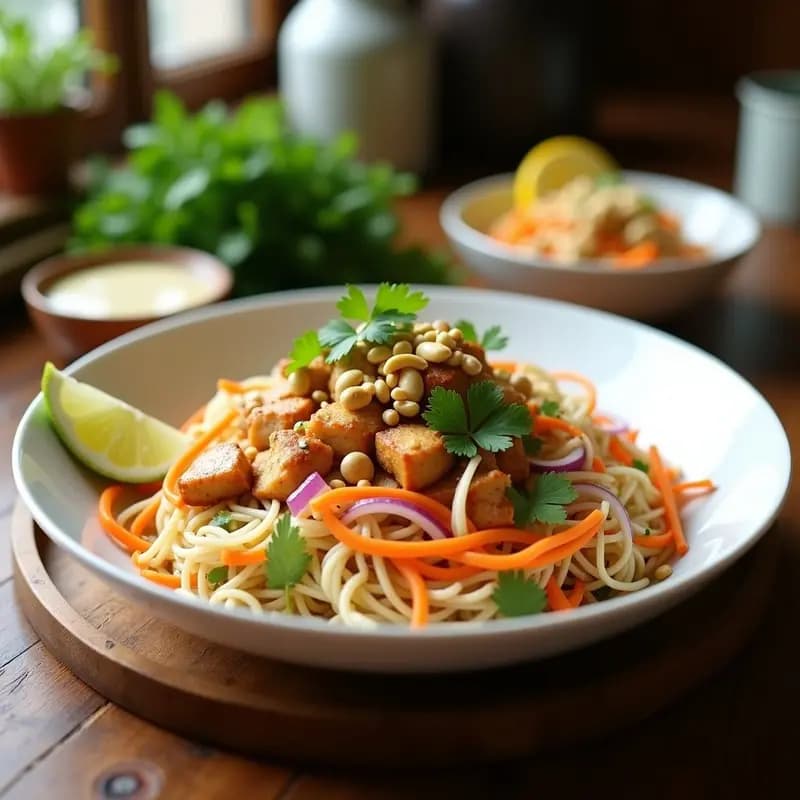 Ensalada de Fideos de Arroz con Pollo Tandoori y Cacahuetes: Receta Indo-Tailandesa en 20 Minutos