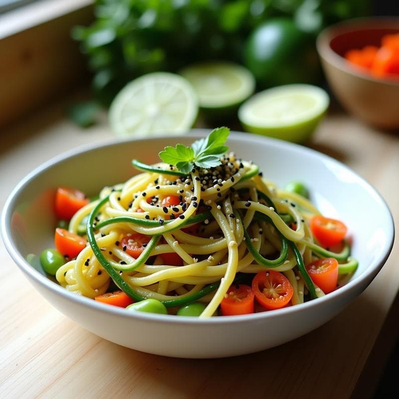 Ensalada de Fideos de Calabacín y Edamame con Aderezo de Sésamo y Lima: Receta Vegana Sin Cocción