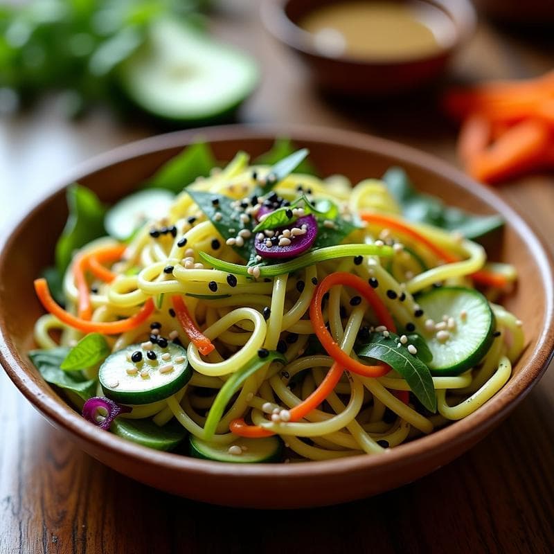 Ensalada de Fideos de Calabacín con Vinagreta de Miso y Sésamo: Receta Crudivegana