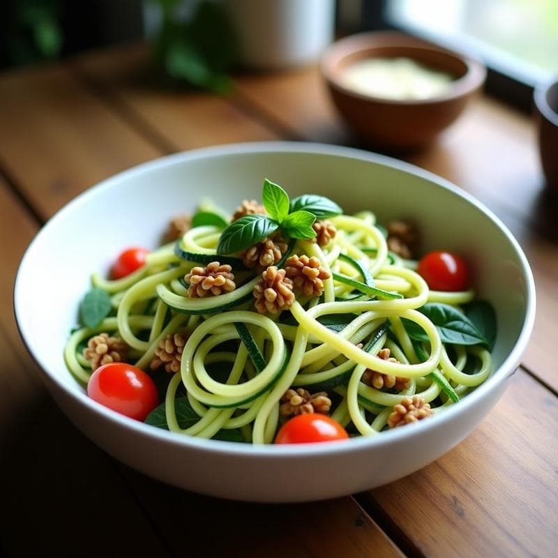 Ensalada de Fideos de Calabacín con Pesto de Albahaca y Nueces: Receta Crudivegana en 10 Minutos