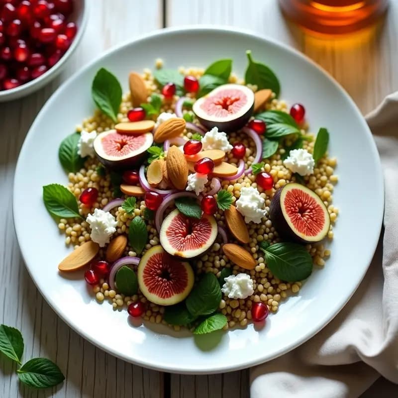 Ensalada de Freekeh, Higos Frescos y Queso de Cabra con Aliño de Granado: Receta Libanes