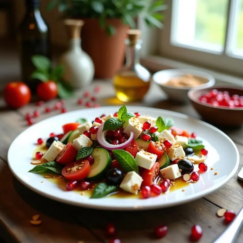 Ensalada Griega con Granos de Granado y Vinagreta de Miel: Receta Mediterránea Fresca y Colorida