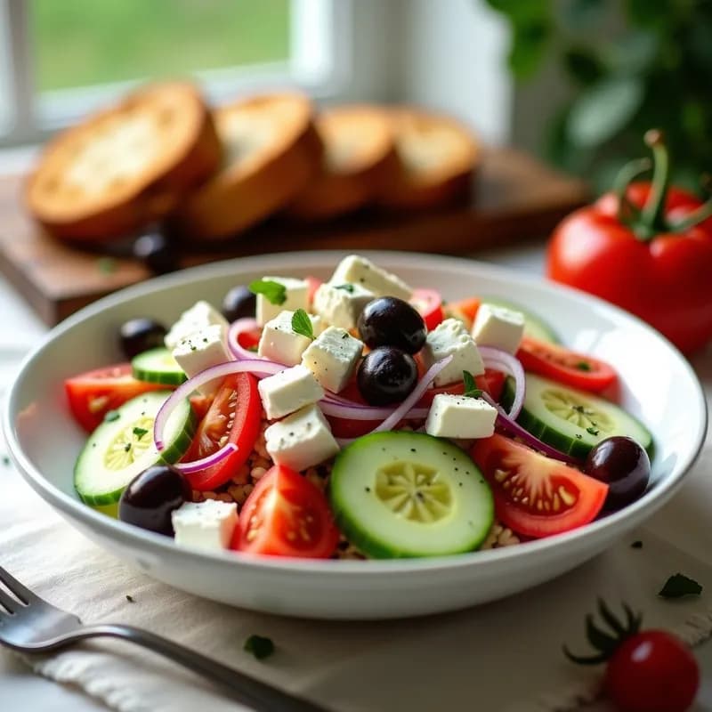 Ensalada Griega con Pan Toastado Ahumado: Receta Tradicional en 15 Minutos