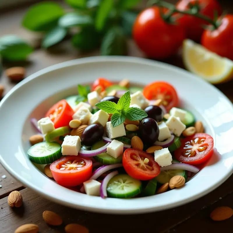 Ensalada Griega de Pepino, Tomate y Queso de Almendras: Receta Sin Lactosa