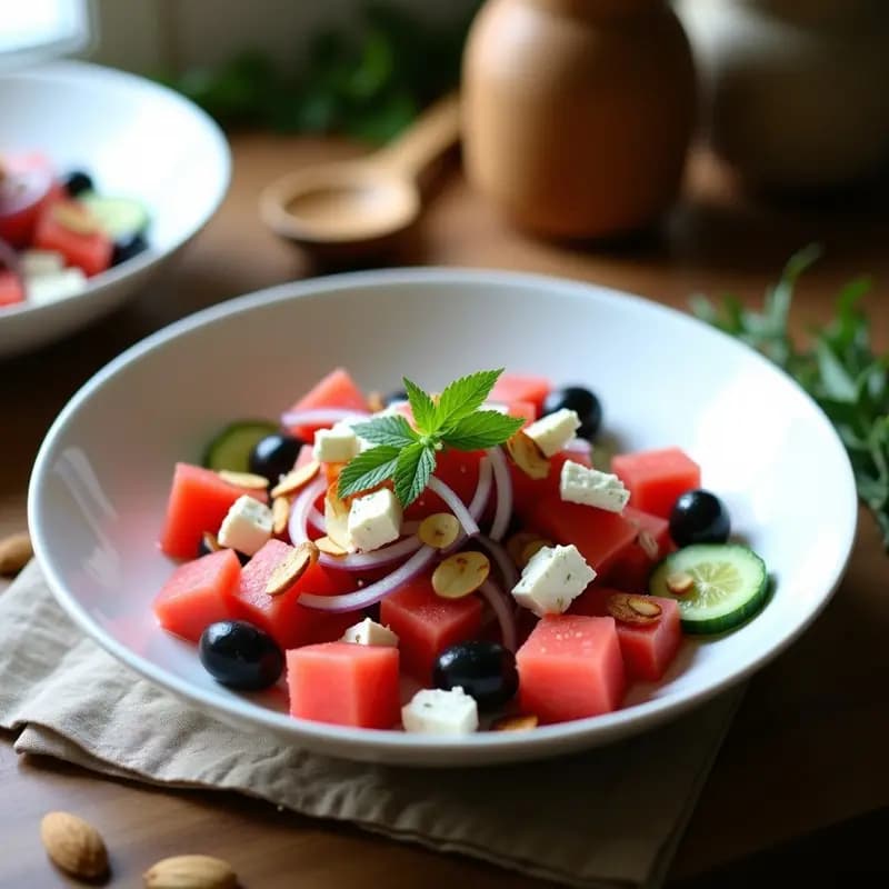 Ensalada Griega de Sandía, Feta y Aceitunas Kalamata: Receta Veraniega Sin Cocinar