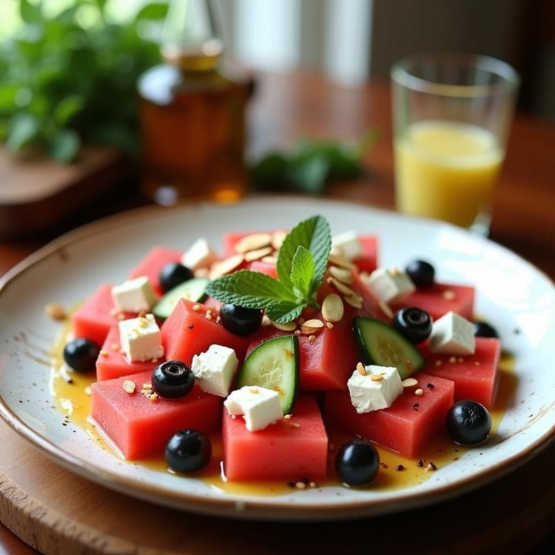 Ensalada Griega de Sandía y Queso Feta: Receta Refrescante con Vinagreta de Miel y Limón en 10 Minutos
