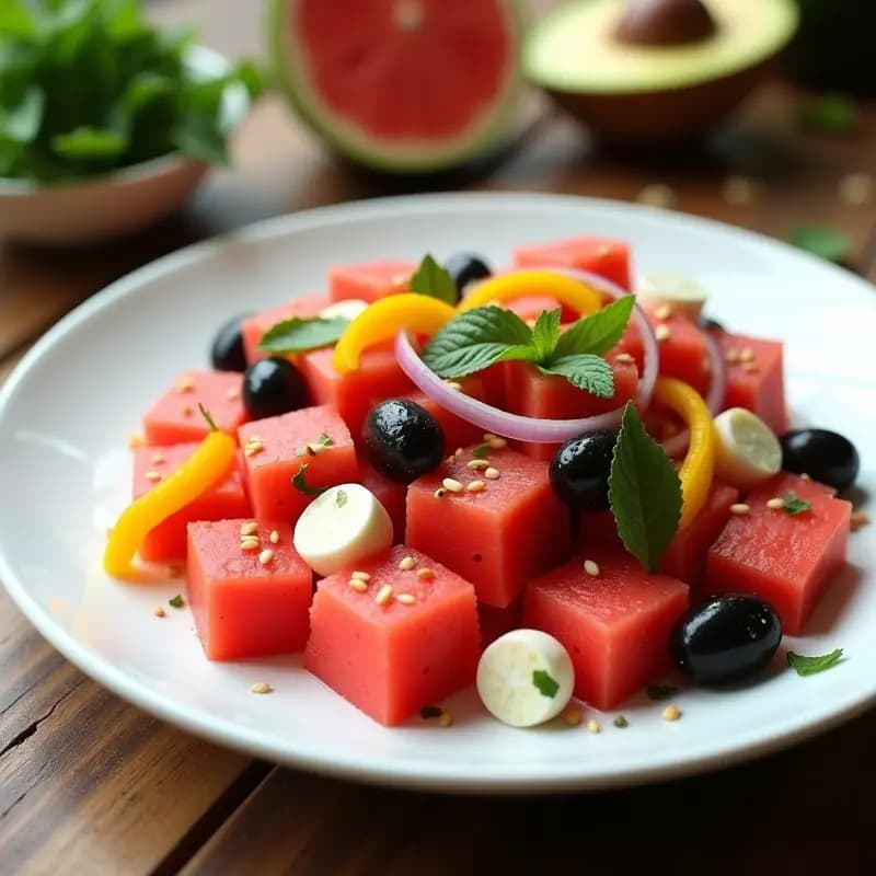 Ensalada Griega de Sandía y Queso Vegano: Receta Fresca con Aceitunas Kalamata y Menta