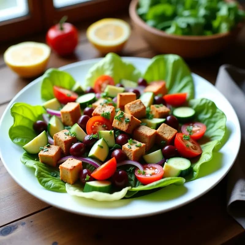 Ensalada Griega con Tofu Marinado y Aceitunas Kalamata: Receta Vegana Proteica