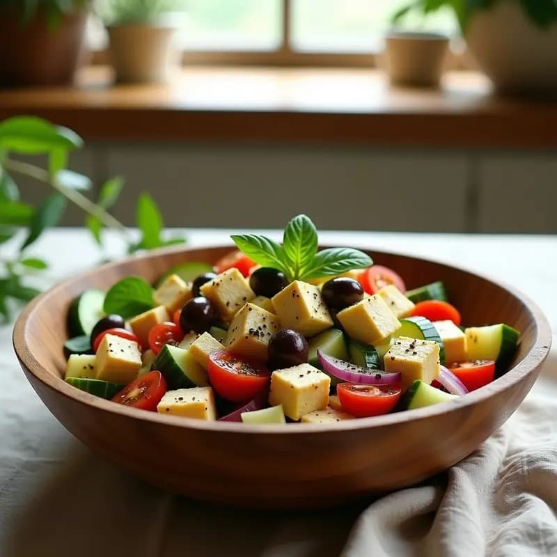 Ensalada Griega Vegana con Tofu Feta: Receta Fresca y Alta en Proteínas
