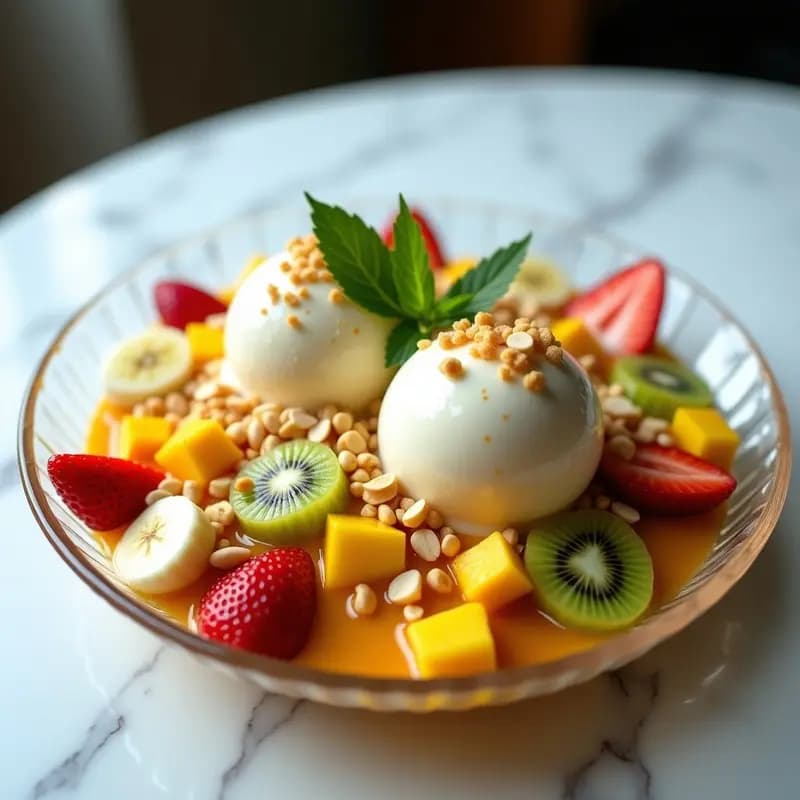Ensalada de Helado de Vainilla con Frutas y Salsa de Mango: Postre Thai Estético