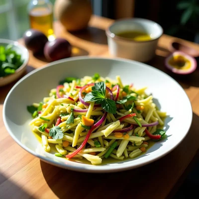 Ensalada de Jackfruit Verde con Vinagreta de Maracuyá y Cebolla Morada: Receta Brasileña Vegana