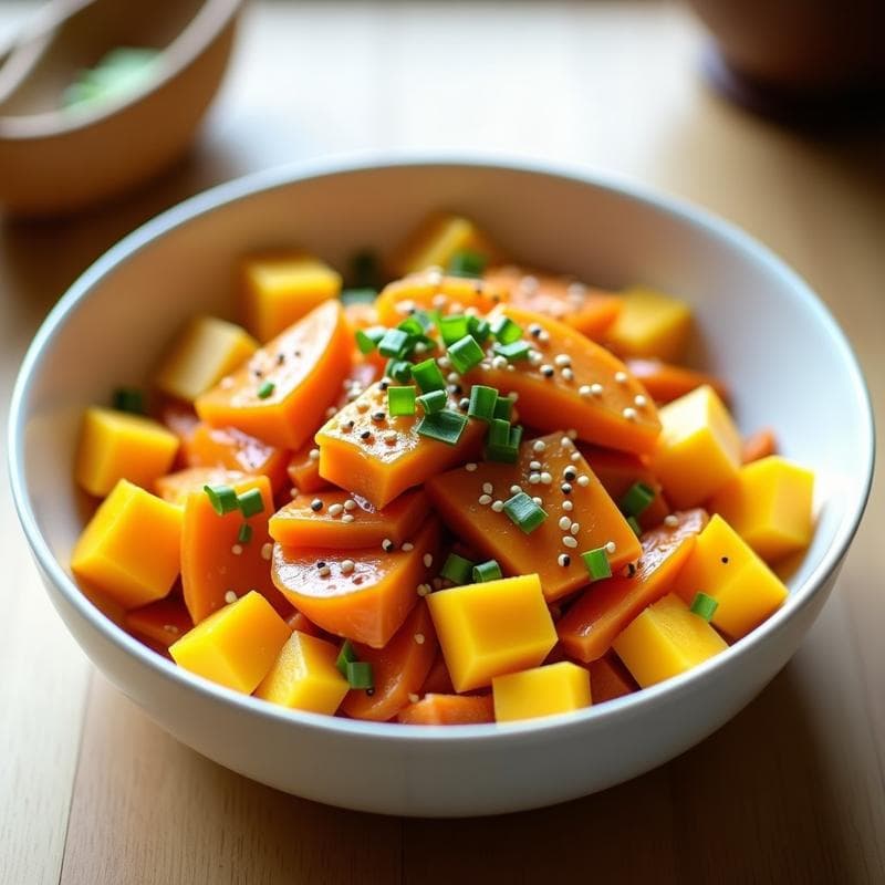 Ensalada de Kimchi y Mango con Vinagreta de Sésamo: Receta Coreana Fusion Vegana y Probiótica