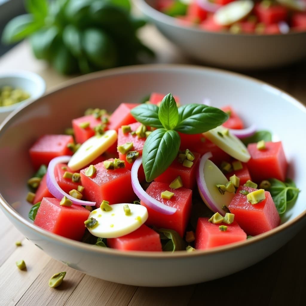 Ensalada de Kiri y Sandía con Vinagreta de Albahaca: Receta Libanesa Dulce-Salada en 10 Minutos