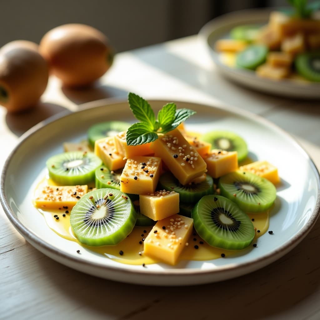 Ensalada de Kiwi, Pepino y Queso Halloumi con Aderezo de Miel y Sésamo: Receta chipriota veraniega
