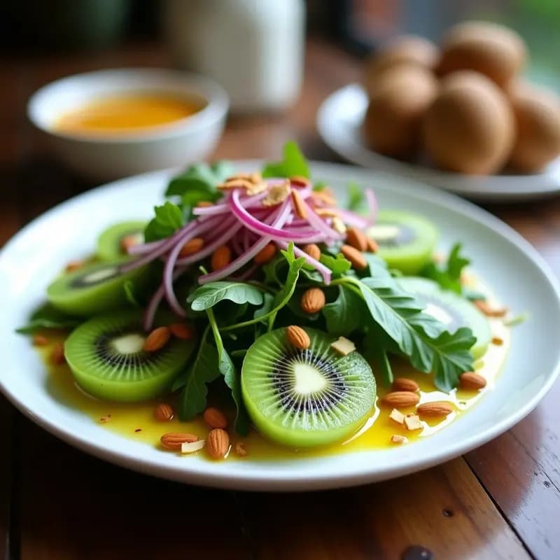 Ensalada de Kiwi Verde y Rúcula con Vinagreta de Miel y Mostaza: Receta Neozelandesa Vegana