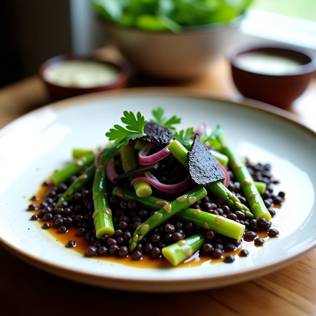 Ensalada Tibia de Lentejas Beluga y Espárragos con Vinagreta de Trufa Negra: Receta Sin Gluten en 20 Minutos