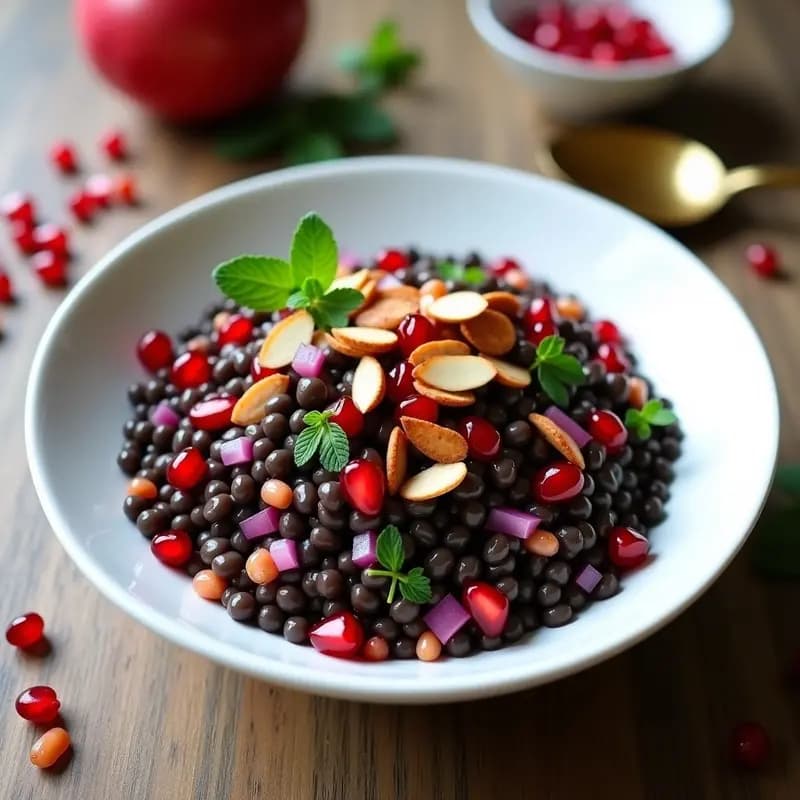 Ensalada de Lentejas Beluga y Granada con Aderezo de Granado: Receta Iraní Sin Cocinar