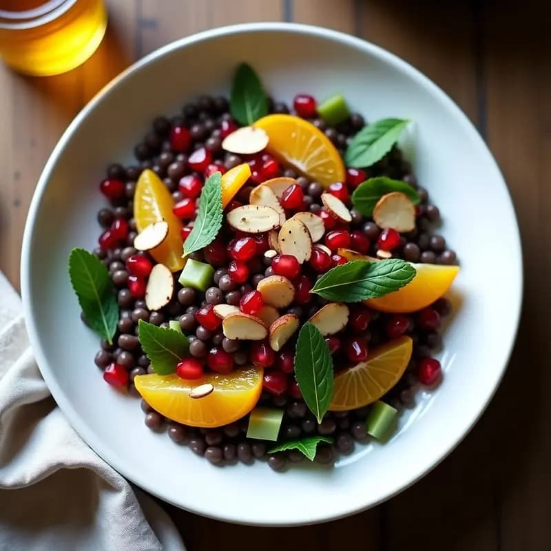 Ensalada de Lentejas Beluga con Granado y Aderezo de Naranja Amarga: Receta Persia Sin Gluten