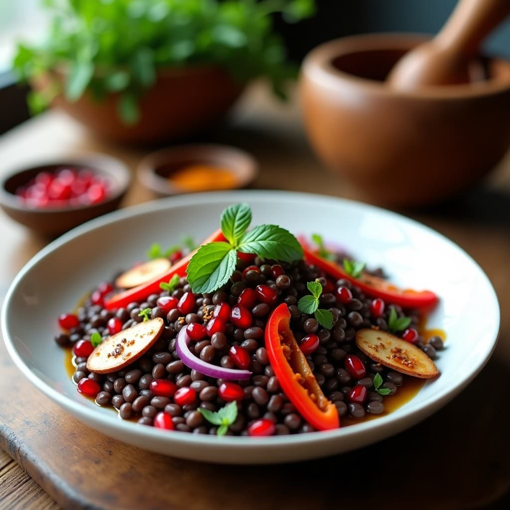Ensalada de Lentejas Beluga y Granada con Vinagreta de Sumac: Receta de Oriente Medio en 15 Minutos