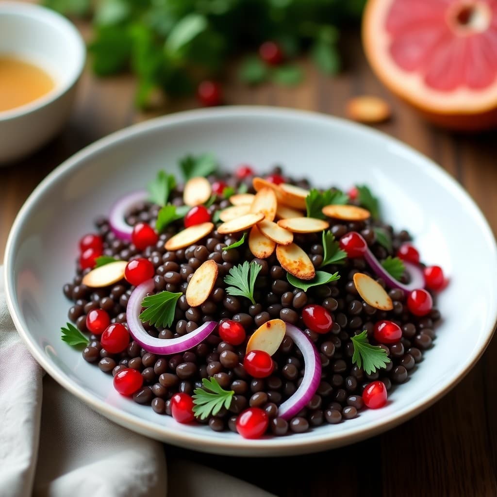 Ensalada de Lentejas Beluga y Granada con Aderezo de Vinagre de Pomelo: Receta Persa Sin Gluten