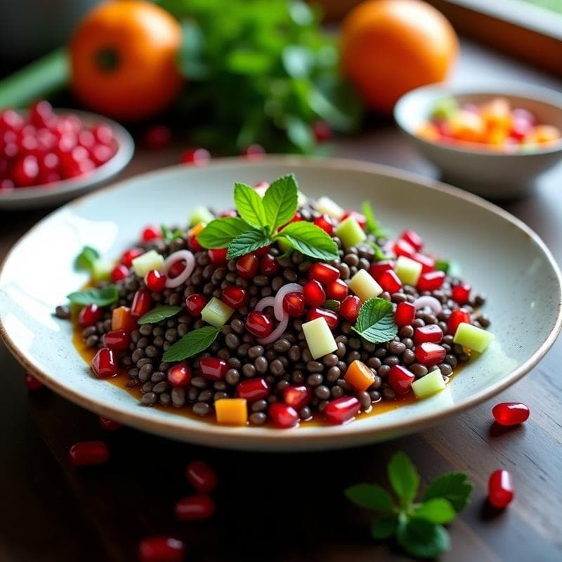 Ensalada de Lentejas Beluga y Granada con Vinagreta de Naranja Amarga: Receta Iraní Fresca