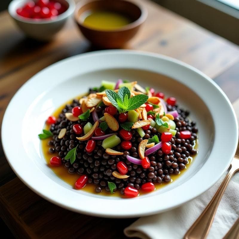 Ensalada de Lentejas Beluga con Granadas y Vinagreta de Tamarindo: Receta Persa Fresca