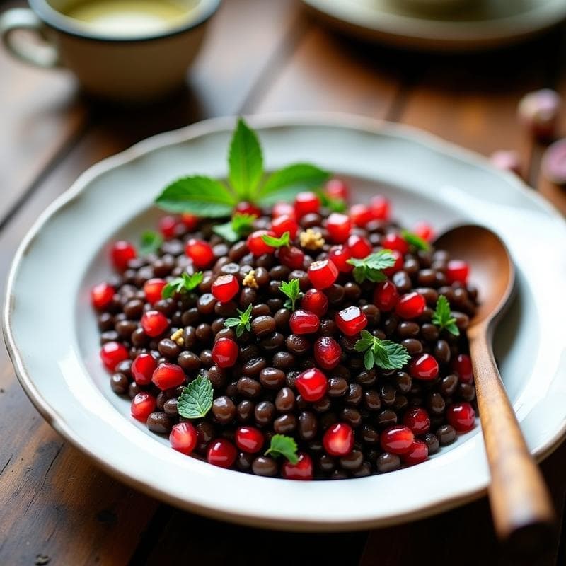 Ensalada de Lentejas Beluga y Granadas con Aderezo de Za'atar: Receta Libanesa Vegana