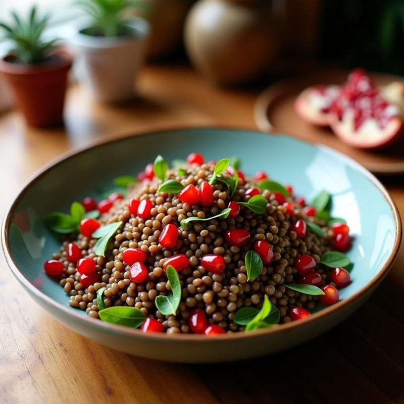 Ensalada de Lentejas Beluga con Granado y Vinagreta de Granadas: Receta Iraní Alta en Fibra
