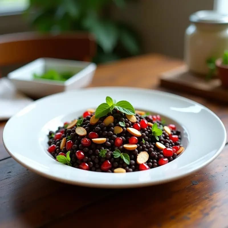 Ensalada de Lentejas Beluga y Granado con Vinagreta de Zaatar: Receta siria Sin Gluten