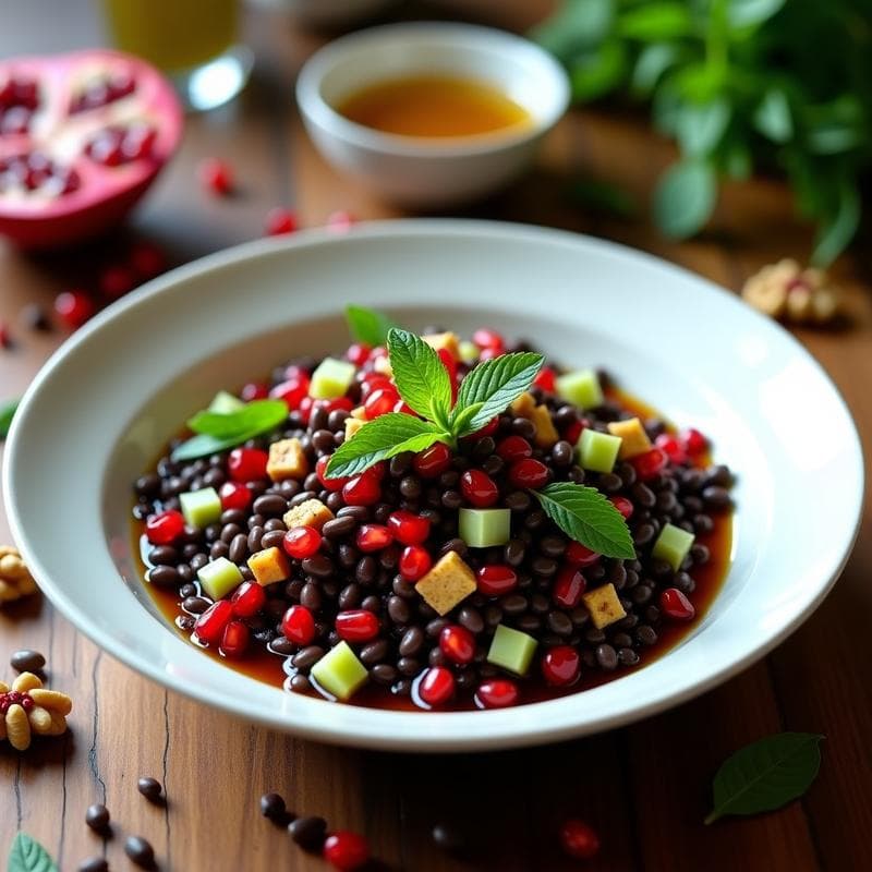 Ensalada de Lentejas Beluga con Granados y Hierbabuena: Receta Iraní Fresca y Alta en Hierro
