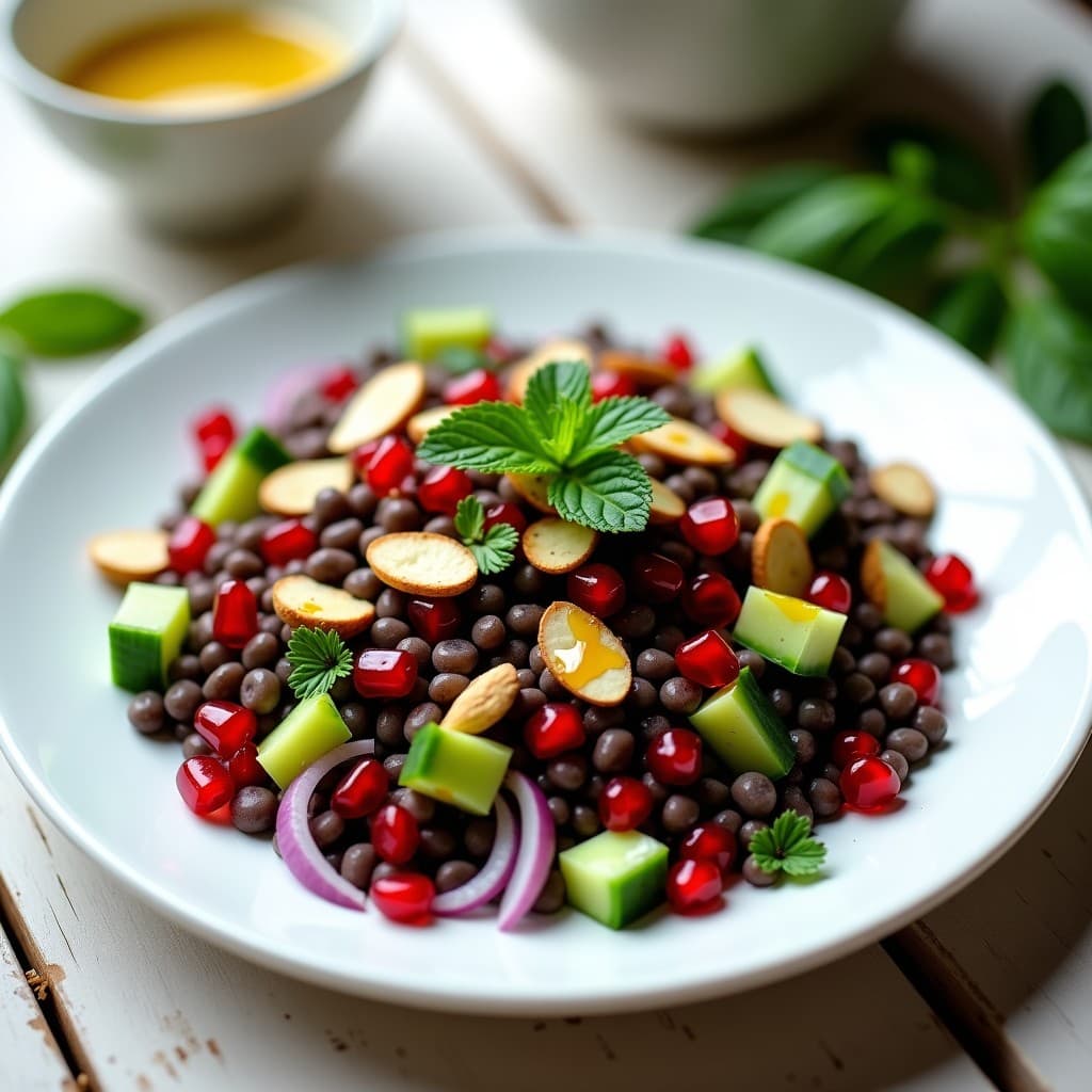 Ensalada de Lentejas Beluga con Granados y Mentolado: Receta Persa Vegana y Fresca