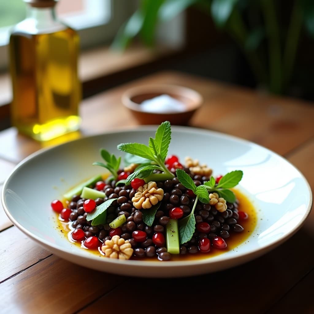 Ensalada de Lentejas Beluga y Granados con Vinagreta de Mosto: Receta Española Gourmet