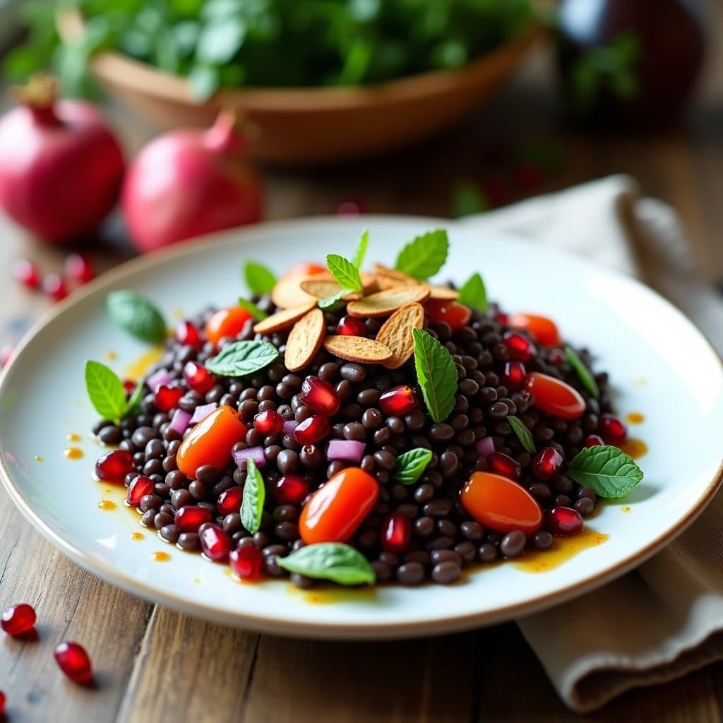 Ensalada de Lentejas Beluga con Granadas y Vinagreta de Sumac: Receta Turca Vegana