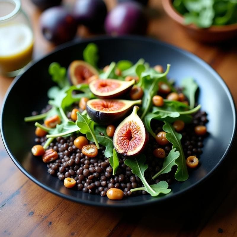 Ensalada de Lentejas Beluga con Higo Caramelizado y Vinagreta de Mostaza de Dijon: Receta Gourmet Vegana