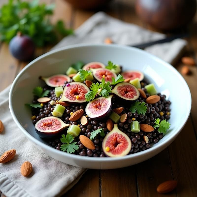 Ensalada de Lentejas Beluga con Higos Frescos y Vinagreta de Mostaza: Receta Persa