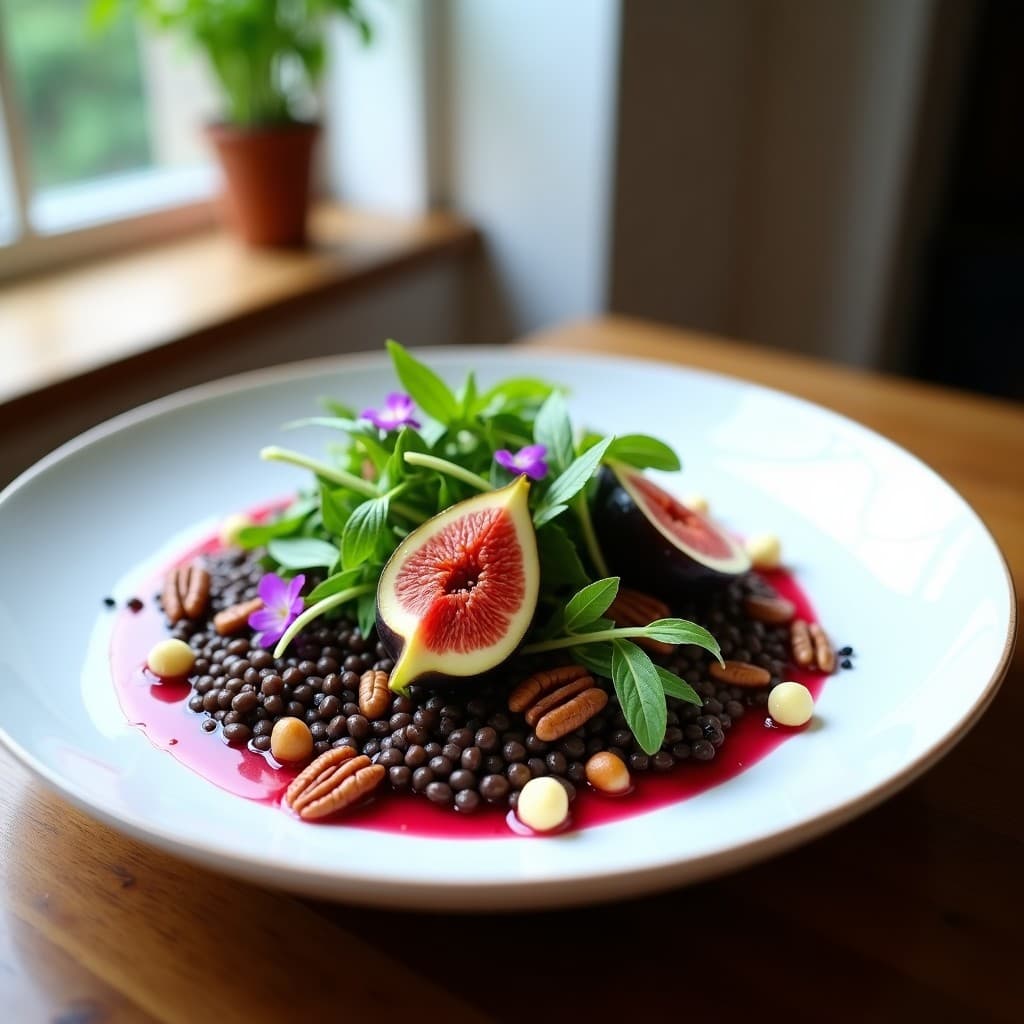 Ensalada de Lentejas Beluga con Higos Frescos y Aliño de Vinagre de Frambuesa: Receta Gourmet Vegana