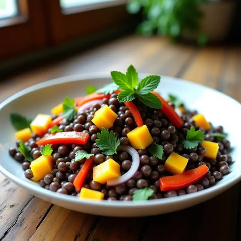 Ensalada de Lentejas Beluga con Granitos de Lulo y Hierbas Frescas: Receta Colombiana Vegana