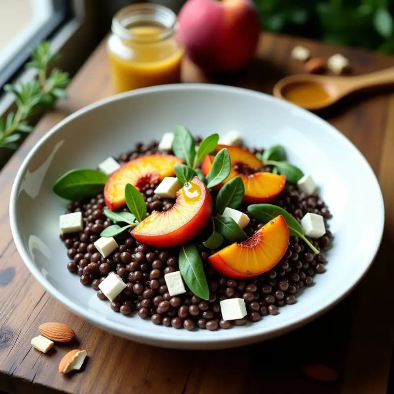 Ensalada de Lentejas Beluga con Melocotón Asado y Vinagreta de Mostaza: Combinación Dulce-Salada