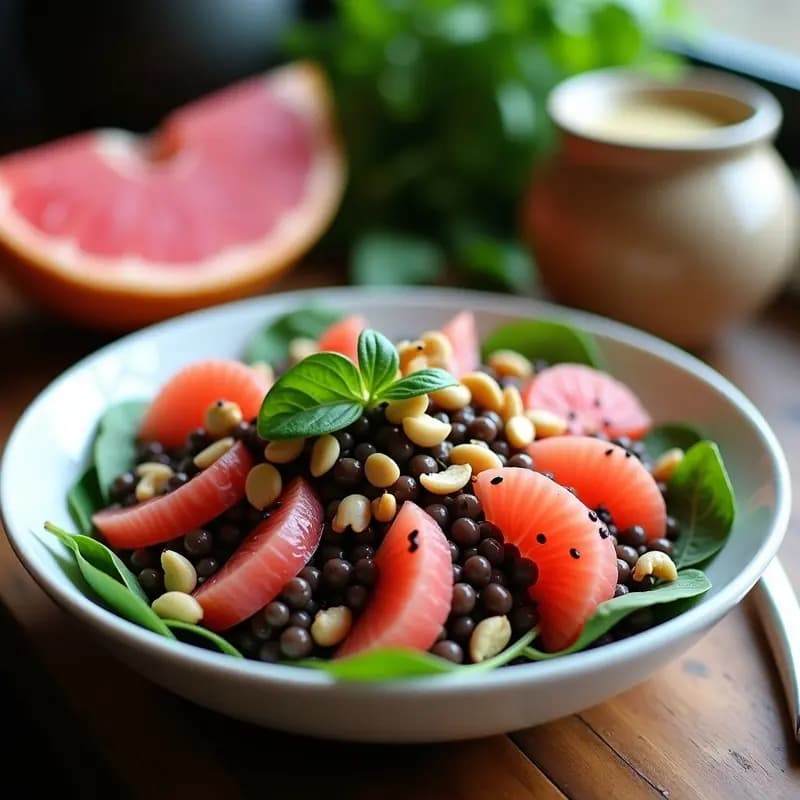 Ensalada de Lentejas Beluga y Pomelo Rosa: Receta Hindi Vegana y Antioxidante