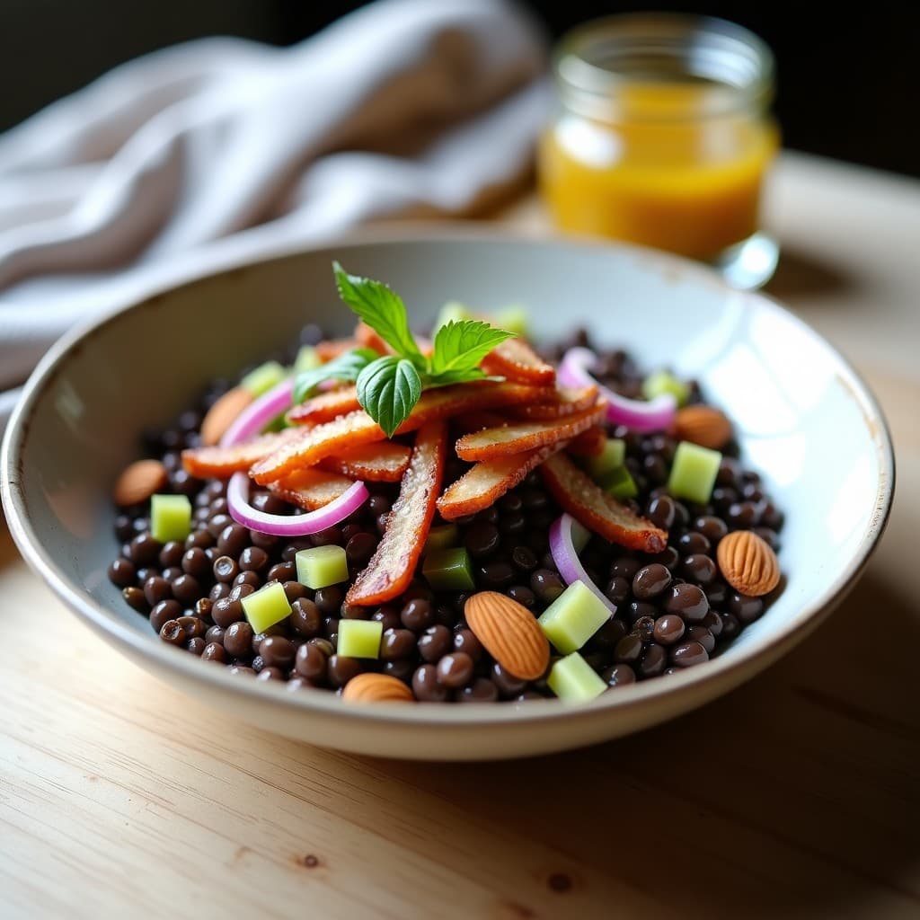 Ensalada Tibia de Lentejas Beluga con Bacon de Tempeh y Vinagreta de Mostaza: Receta Francesa Keto